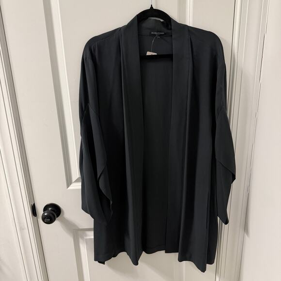EILEEN FISHER $275 2X SILK OPEN FRONT SIDE SLIT KIMONO BLACK CARDIGAN - Picture 4 of 8